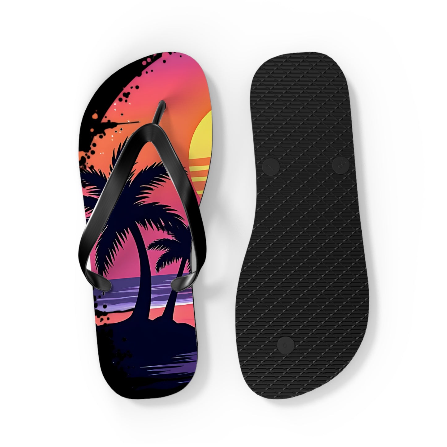 Tropical Sunset Flip Flops - Beach Vibes Sandals for Summer Fun feature a vibrant beach sunset with palm trees on one flip flop and a plain black textured sole on the other, making them perfect for summer and beach trips.