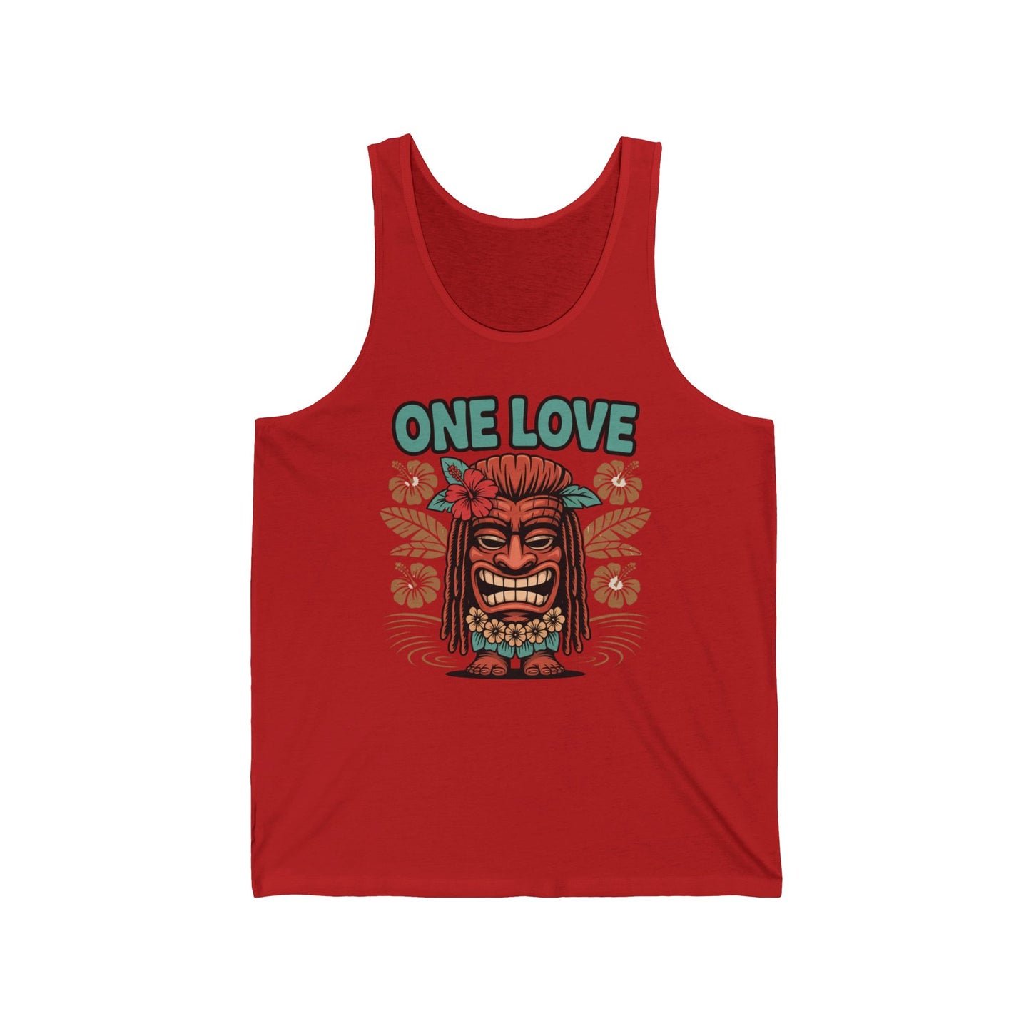 The One Love Unisex Jersey Tiki Tank Top features a smiling cartoon tiki with flower crown, necklace, leaf accents, and bold teal-orange ONE LOVE text—perfect for summer vibes at festivals and casual wear.