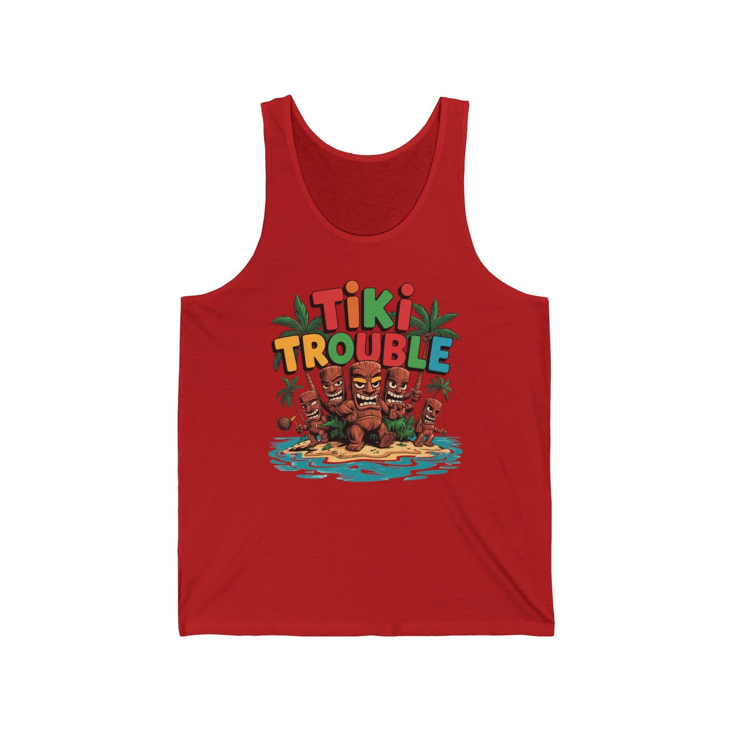 The Tiki Trouble Unisex Jersey Tank Top features three tiki statues on an island with palm trees and water, plus Tiki Trouble in bold letters—perfect for tropical parties, summer vibes, and beach adventures!.