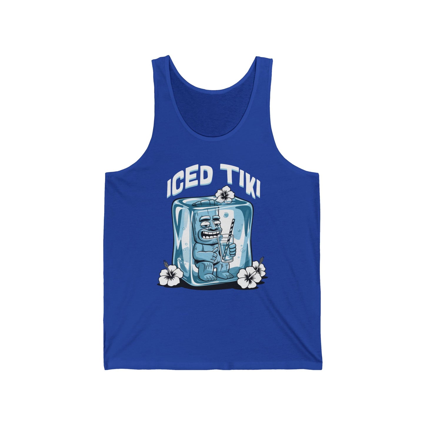 Stay cool in the Iced Tiki Unisex Jersey Tiki Tank Top—perfect for summer parties. Featuring a cartoon tiki statue inside an ice cube, white flowers, and “ICED TIKI” text, it’s a playful pick for any beach lover’s wardrobe.
