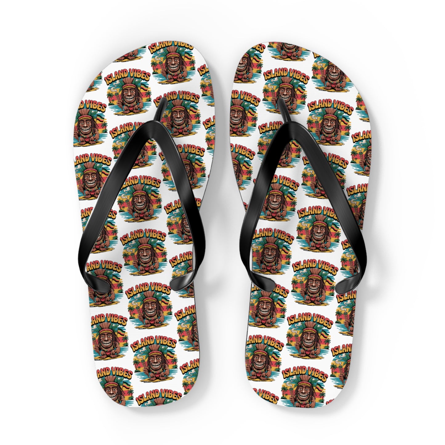 The Island Vibes Tiki Flip Flops are white with black straps, featuring a vibrant tiki mask print and “ISLAND VIBES” text—colorful casual footwear perfect for summer fun, beach lovers, or anyone seeking a lively look.