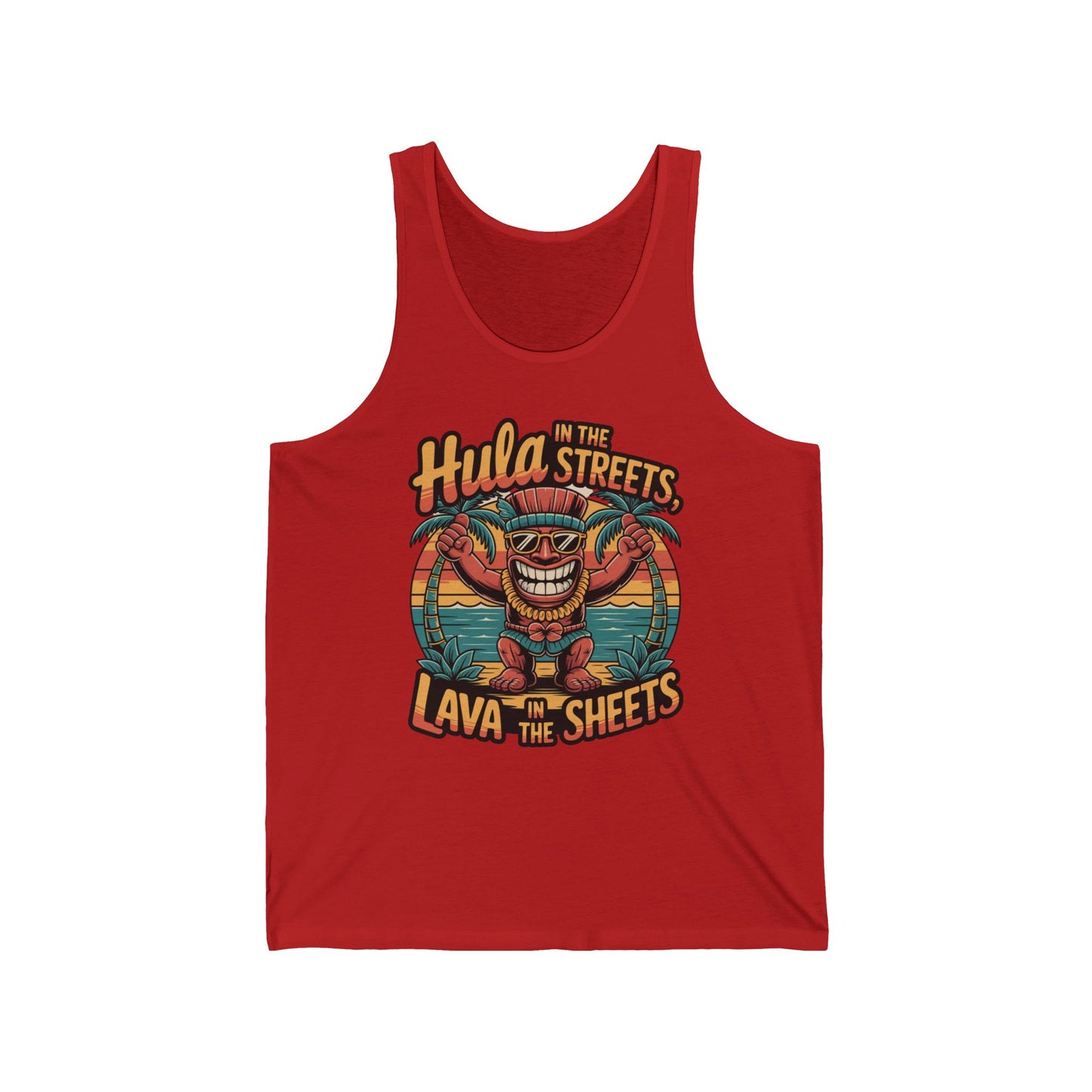 The Hula in the Streets Lava in the Sheets Unisex Jersey Tank - Summer Vibes Tank Top is made from soft Airlume cotton and features a vibrant tiki design with palm leaves, sunset, and fun text—perfect for summer celebrations.