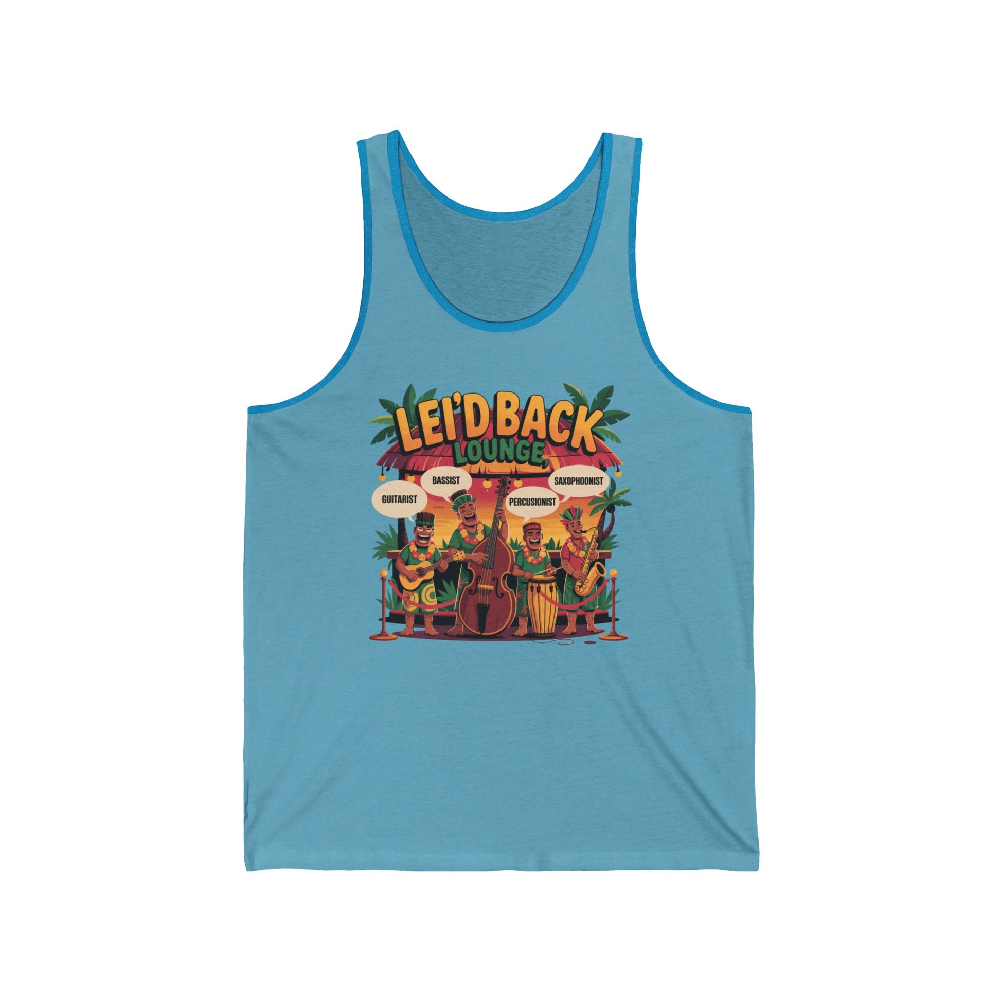 The Leid Back Lounge Unisex Jersey Tiki Tank Top is a breathable, tropical summer tee featuring three cartoon cats playing instruments under palm trees, each labeled by role—a relaxed fit essential for sunny days.