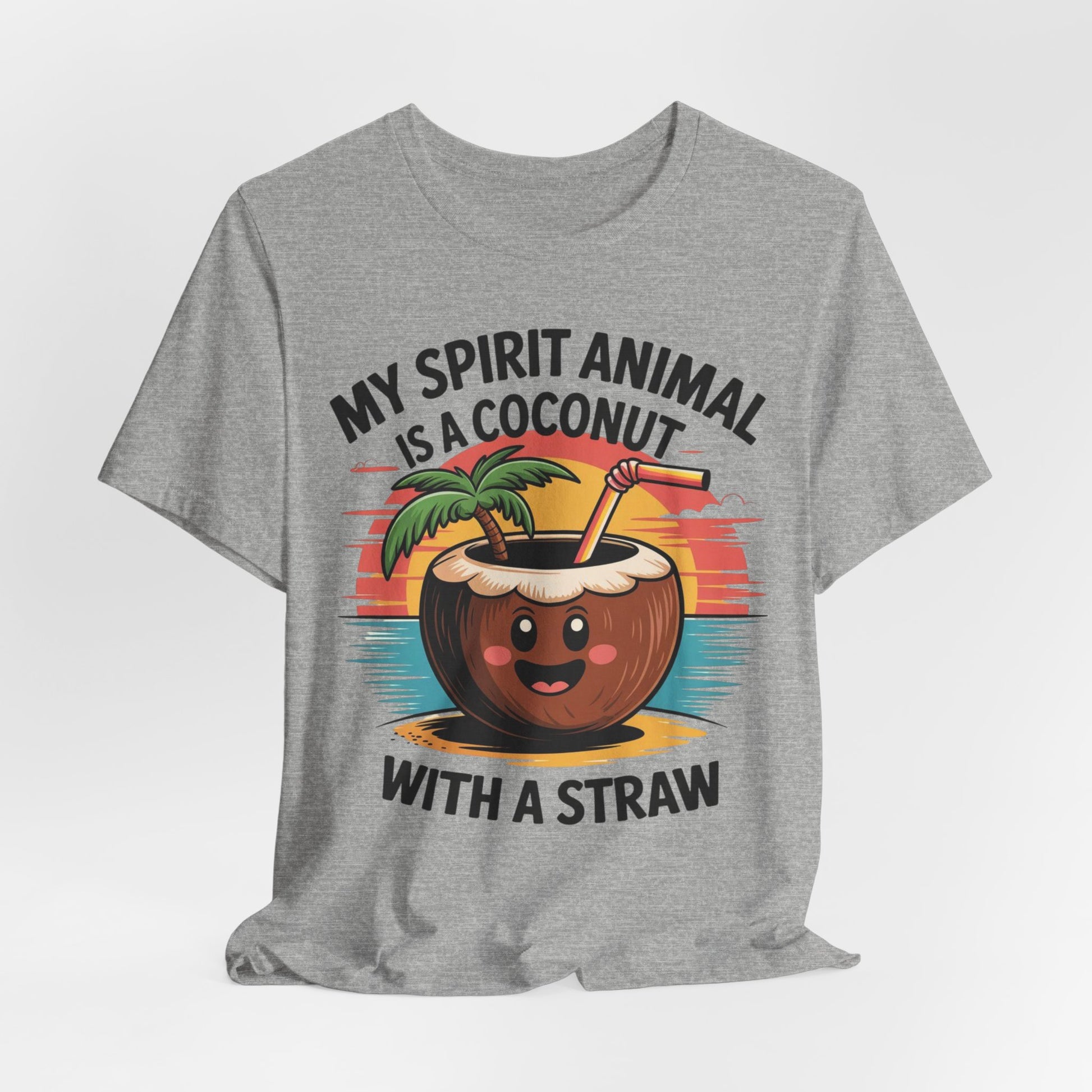 The My Spirit Animal Coconut Tiki T-Shirt features a cartoon coconut with a straw, palm tree, and sunset for tropical vibes, plus the playful text: “My spirit animal is a coconut with a straw.” Fun unisex jersey short sleeve shirt.