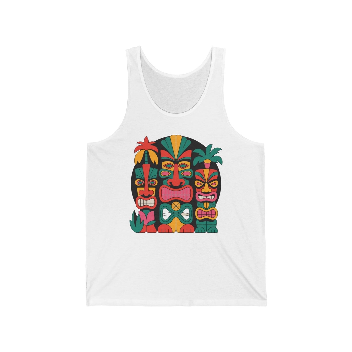 The Tiki Faces Unisex Jersey Tiki Tank Top - Summer Vibes & Beachwear features three vibrant tiki mask graphics with tropical leaf accents—ideal for summer celebrations or as a stylish gift.