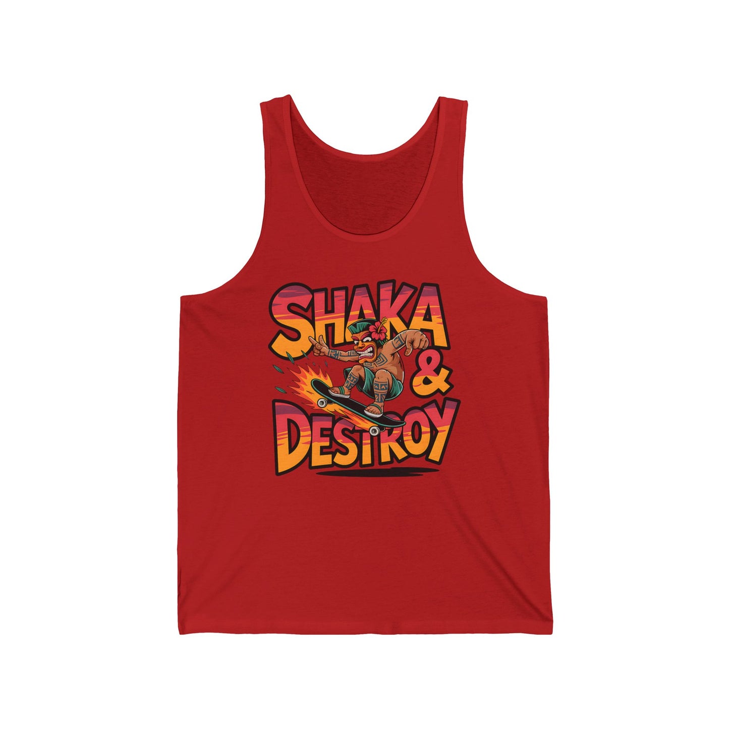 The Shaka & Destroy Unisex Jersey Tiki Tank Top is a graphic skateboard tee, perfect for summer vibes—featuring a vibrant cartoon design and bold SHAKA & DESIKOY text for casual comfort and versatile style.