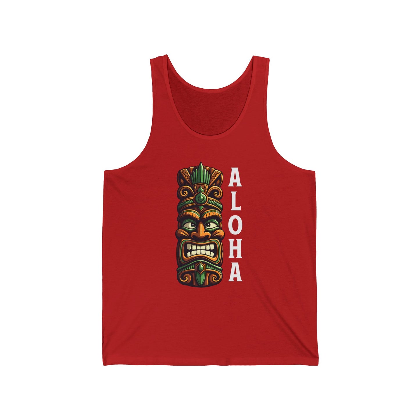 The Aloha Tiki Tank Top - Unisex Jersey Tank with Vibrant Hawaiian Design features a red design, colorful tiki mask graphic, and bold white “ALOHA” lettering, perfect for showing off tropical vibes and island style.