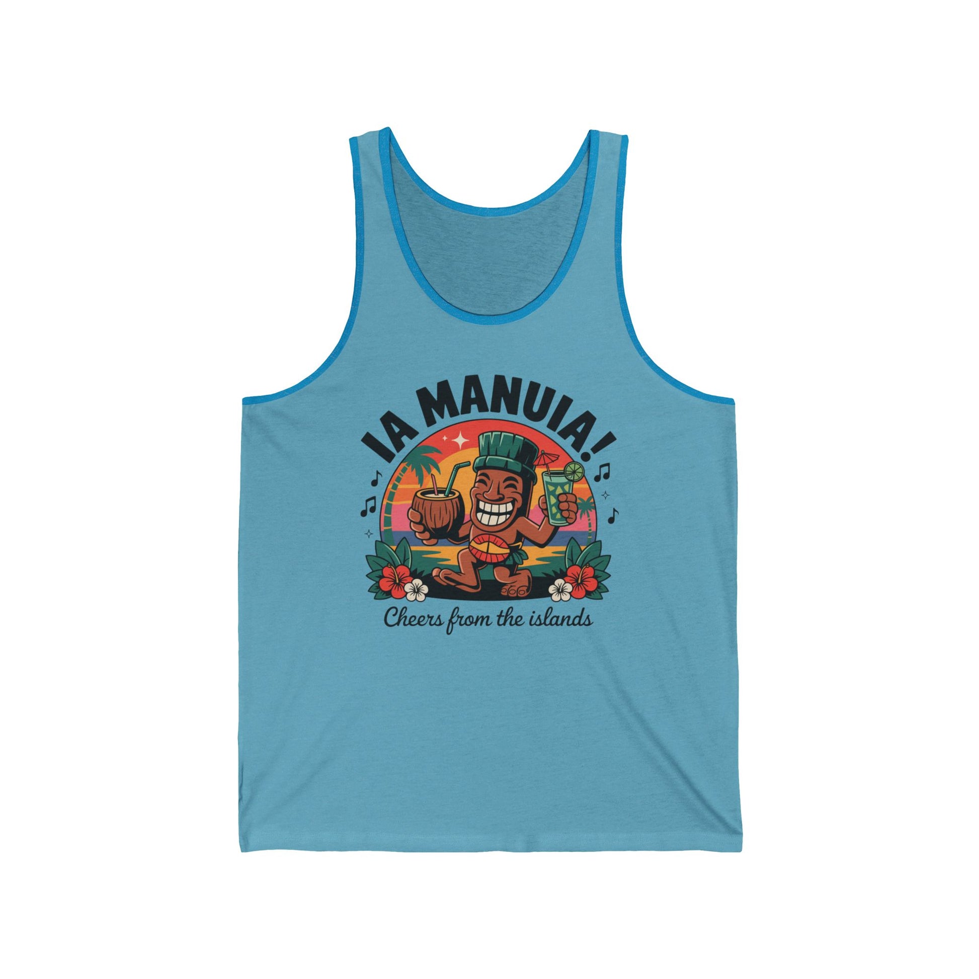 The Cheers from the Islands Tropical Vibes Tiki Tank Top is a vibrant blue unisex jersey featuring a smiling man in island attire with a drink and coconut, IA MANUIA! above, Cheers from the islands below, and hibiscus flowers on each side.