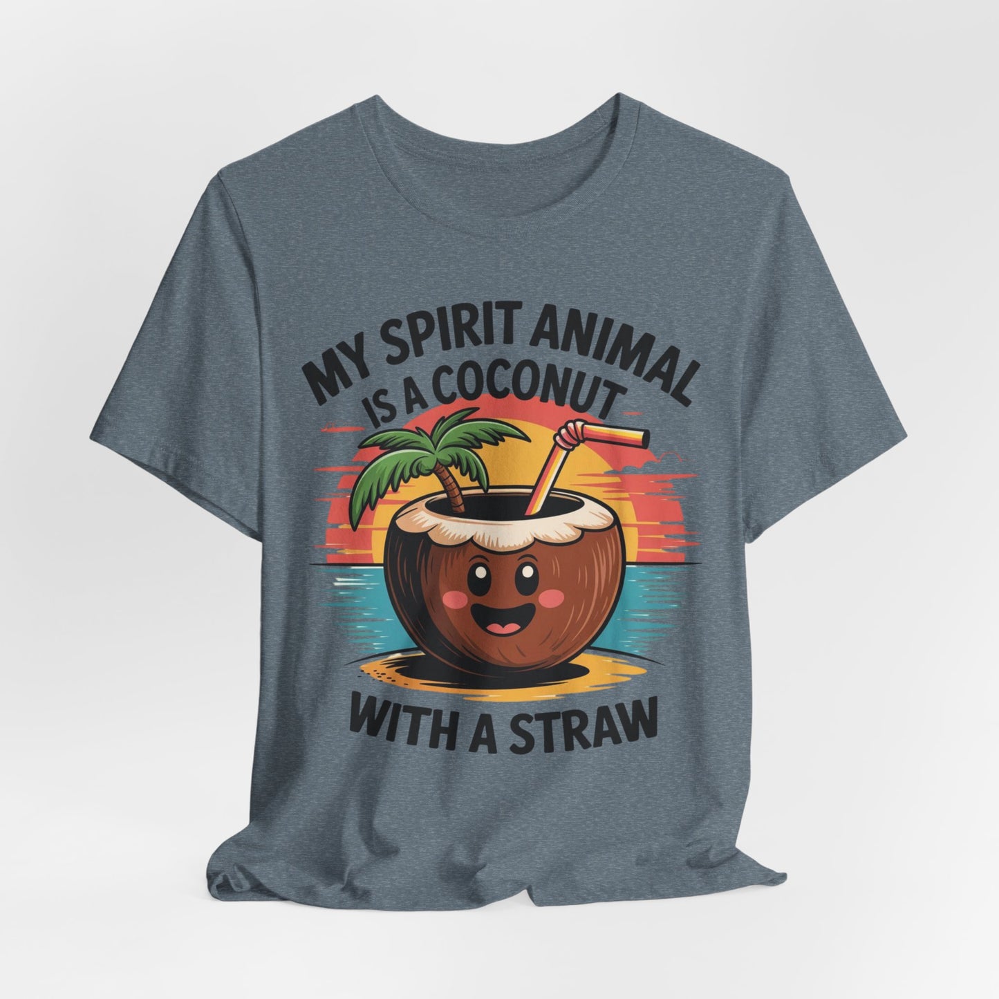 The My Spirit Animal Coconut Tiki T-Shirt is a gray unisex jersey tee with a colorful cartoon coconut drink, palm tree, and the playful text: My spirit animal is a coconut with a straw. Perfect for tropical vibes!.