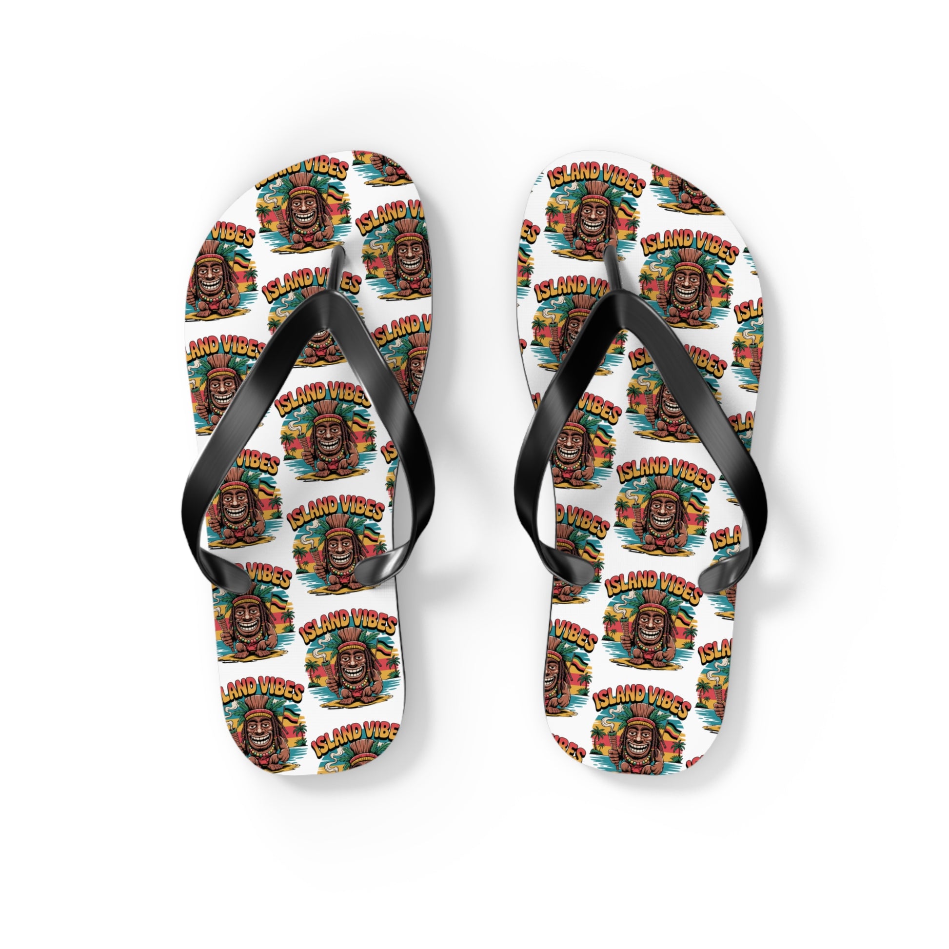 Island Vibes Tiki Flip Flops – Colorful Casual Footwear for Summer Fun feature black straps, a vibrant tropical design with tiki masks, palm trees, and repeating “ISLAND VIBES” text—perfect for vacations or beach lovers.