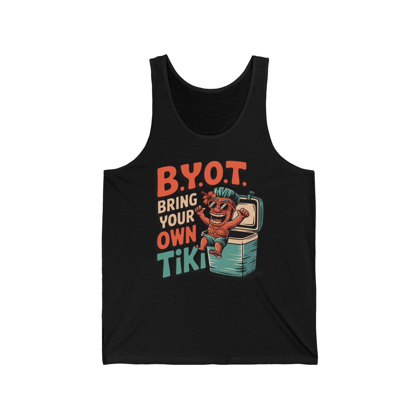 The Tiki Themed Unisex Jersey Tank features a vibrant tiki-on-cooler graphic with “B.Y.O.T. Bring Your Own Tiki,” making it the perfect casual, trendy summer top for any gathering.