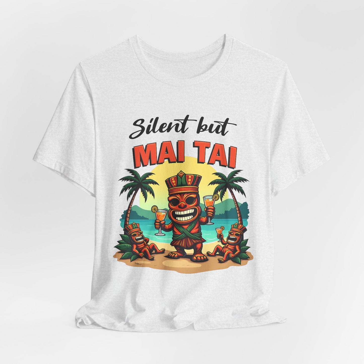 Show off tropical vibes with the Mai Tai Graphic Unisex Jersey Tiki T-Shirt, featuring a bold Silent but MAI TAI slogan and colorful tiki design—perfect as a beach or vacation tee for anyone who loves laid-back island style.