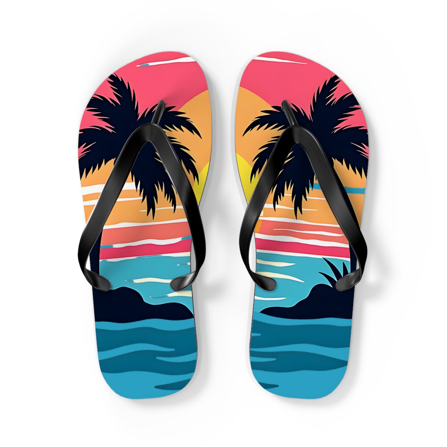 Perfect for beach lovers, the Tropical Sunset Flip Flops | Beach Vibes Sandals feature a vivid palm tree design with a pink-orange sunset and blue waves—an ideal summer accessory.