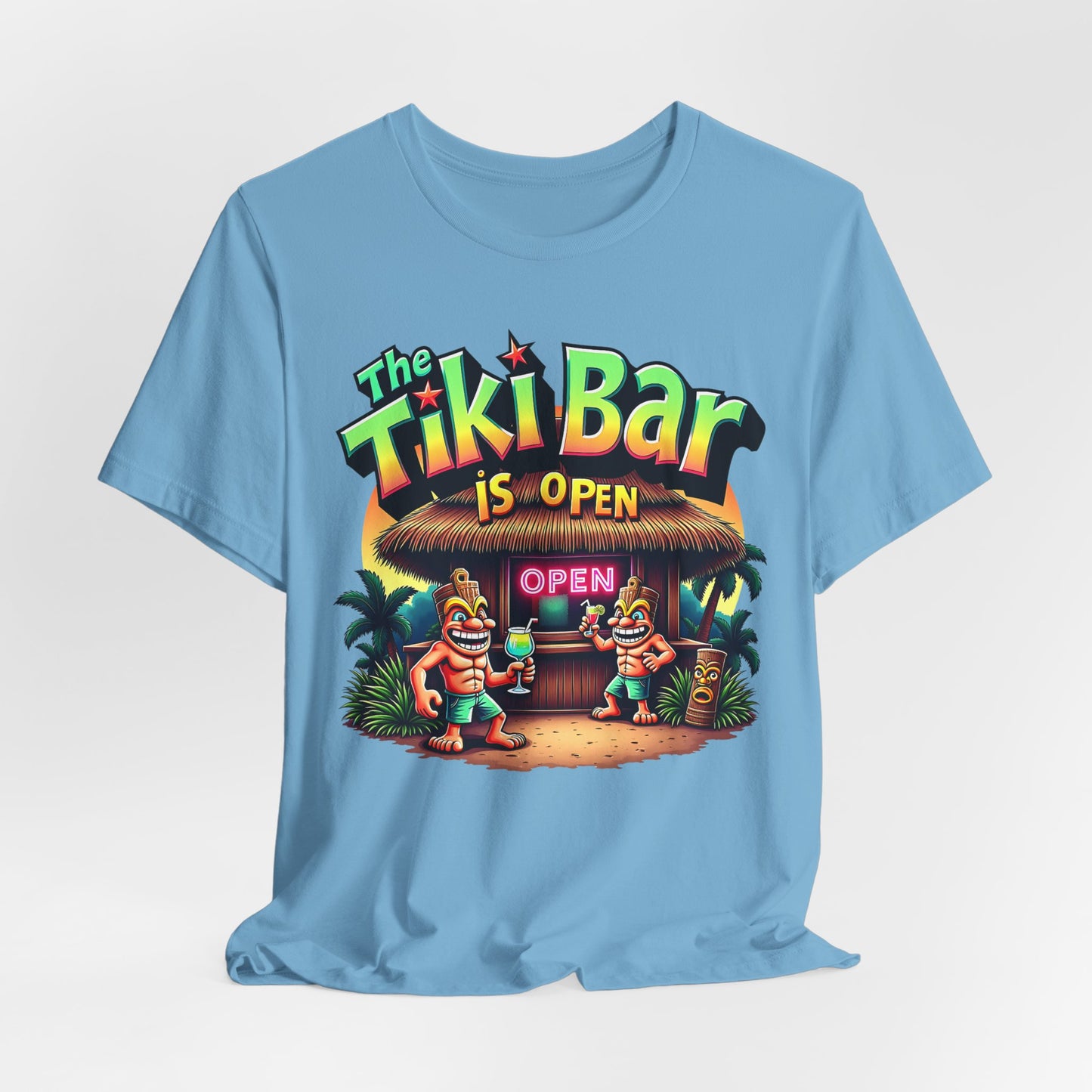 Stay cool in the Tiki Bar Is Open Tiki T-Shirt - Summer Vibes Beachwear, a light blue unisex tee with soft Airlume cotton. Features a vibrant tiki bar scene, neon OPEN signs, palm trees, cartoon characters, and “The Tiki Bar is Open” text.