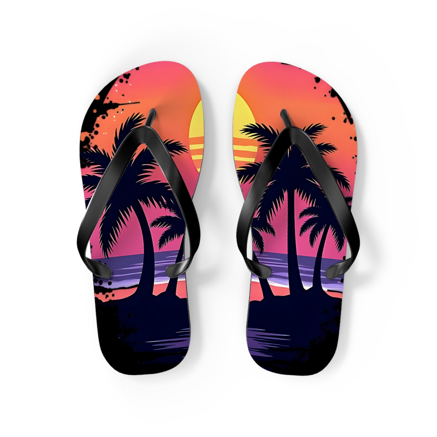 Step into summer with the Tropical Sunset Flip Flops—beach-ready sandals featuring black straps and a vibrant palm tree, yellow sun, and colorful sky design over ocean waves. Perfect for capturing those beach vibes!.