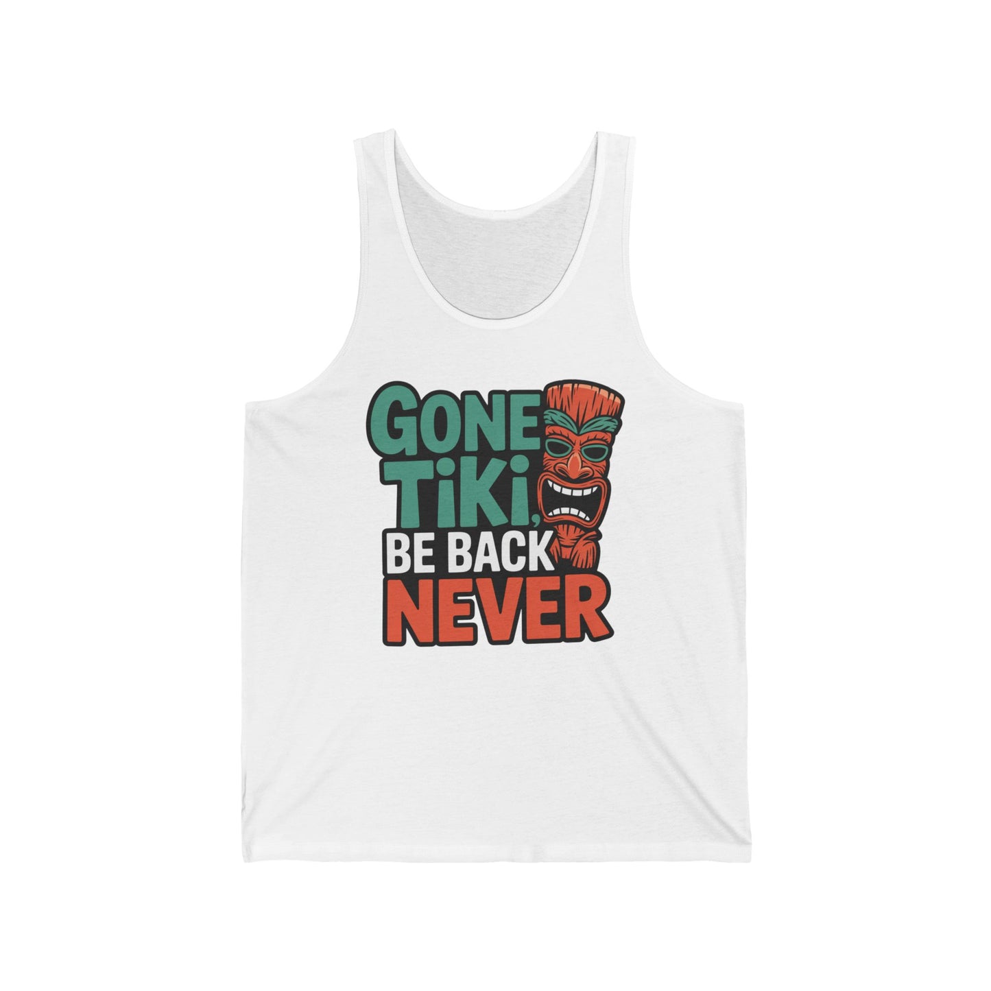 The Gone Tiki Unisex Jersey Tank features Gone Tiki, Be Back Never in green, black, and orange, plus an illustrated tiki mask—ideal for summer vacation vibes at beach or pool parties.