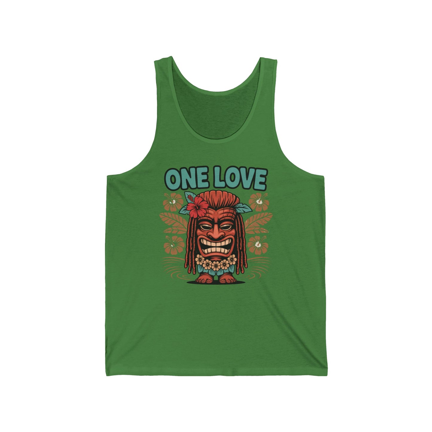 Upgrade your summer style with the One Love Unisex Jersey Tiki Tank Top, featuring a smiling tiki face with dreadlocks, vibrant leaves, beads, and a red flower. ONE LOVE in bold blue caps completes the perfect festival or casual look.