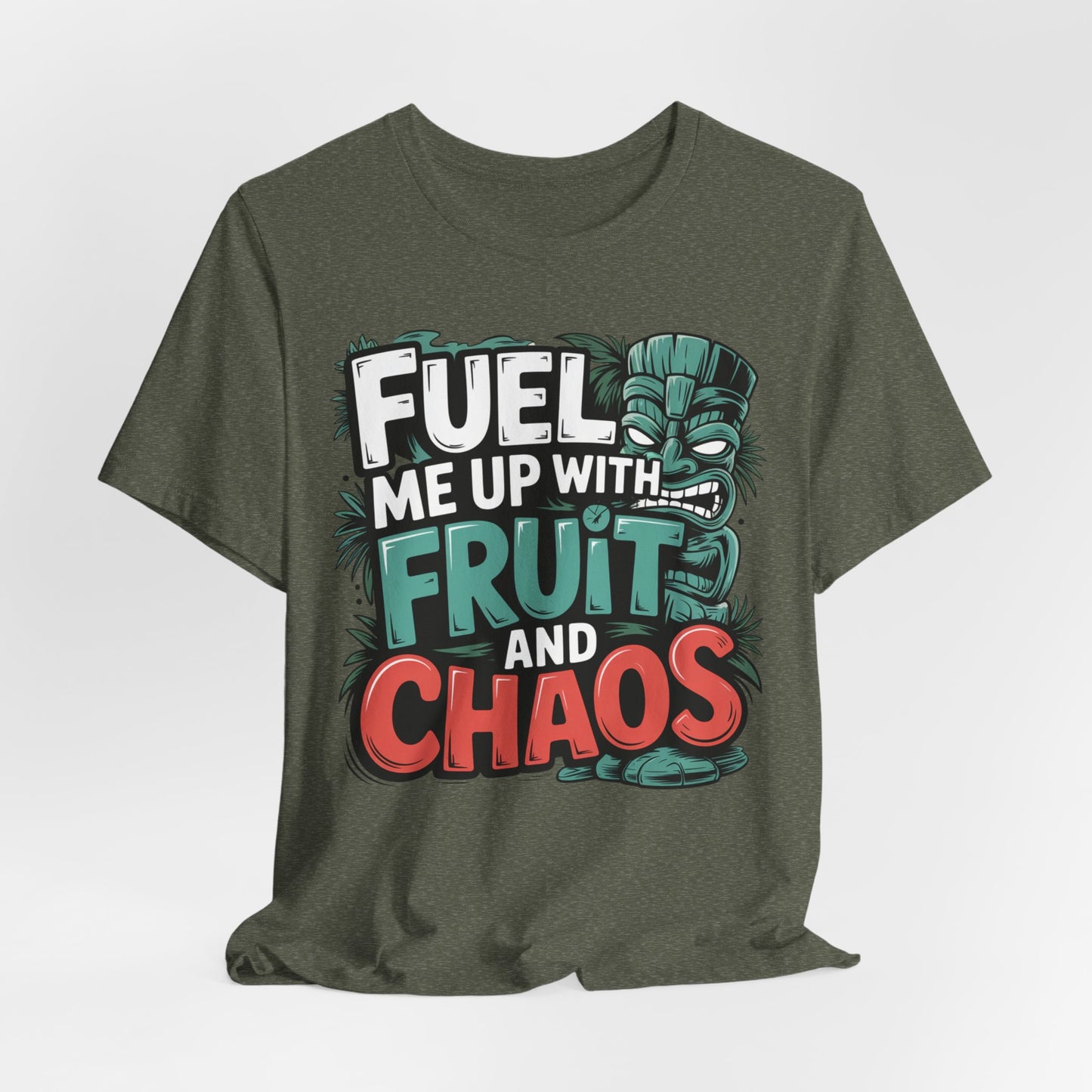 The Fuel Me Up With Fruit and Chaos Unisex Jersey Tiki T-Shirt is a dark green tee featuring a playful tiki face and bold text in white, teal, and red—a fun graphic shirt perfect for summer adventures.