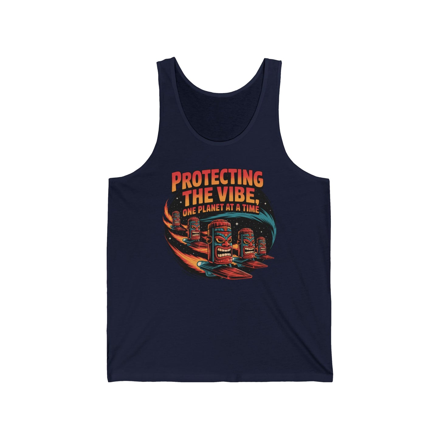 The Protecting The Vibe Unisex Jersey Tiki Tank Top – Eco-Friendly Graphic T-Shirt features a vibrant tiki statue design and bold orange and yellow text on ultra-soft navy fabric, perfect for your summer wardrobe.