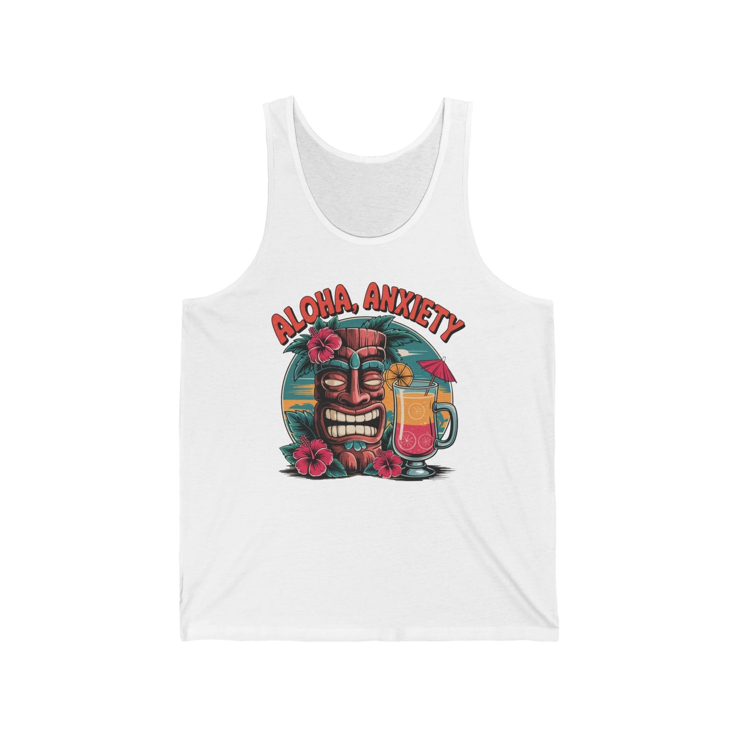 The Aloha Anxiety Unisex Jersey Tank – Relaxed Summer Vibes Shirt features a colorful tiki face, red hibiscus, tropical drink, palm trees, sunset, and bold ALOHA, ANXIETY text. Lightweight and breathable—ideal for vacations.