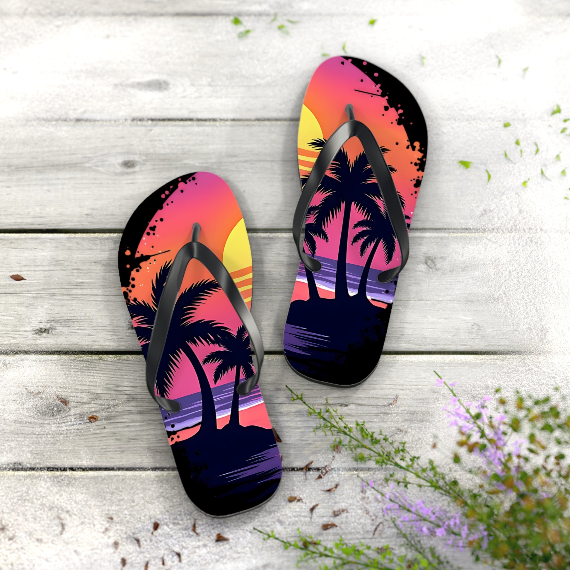 The Tropical Sunset Flip Flops – Beach Vibes Sandals for Summer Fun feature a vibrant sunset beach design with palm silhouettes, perfect for your next beach trip, shown on a white wooden surface with green plants and brown leaves nearby.