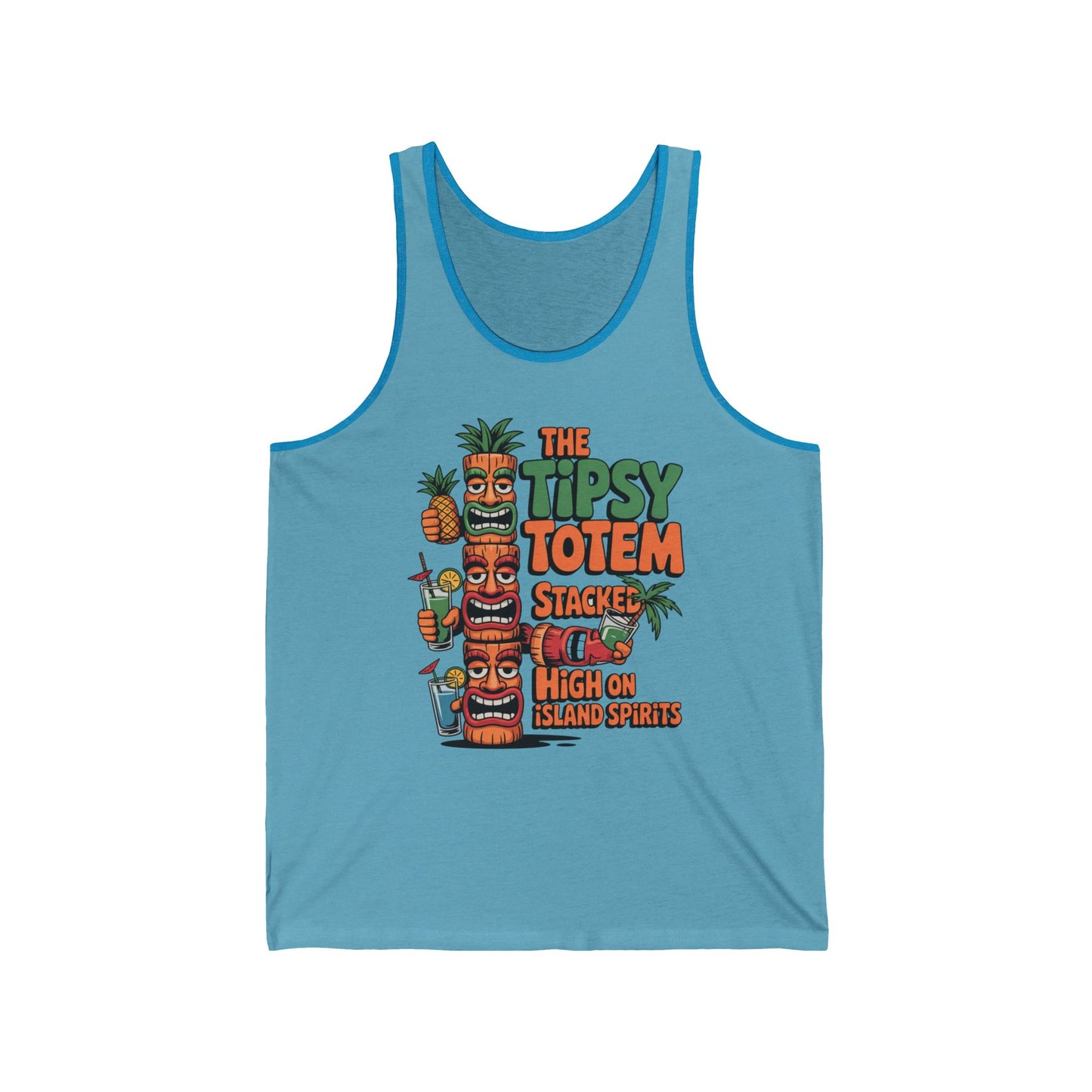 The Tipsy Totem Unisex Jersey Tiki Tank Top – High on Island Spirits features a vibrant design of three tiki totems with drinks, pineapples, and tropical décor. The text reads: Stacked & High on Island Spirits for real island vibes.