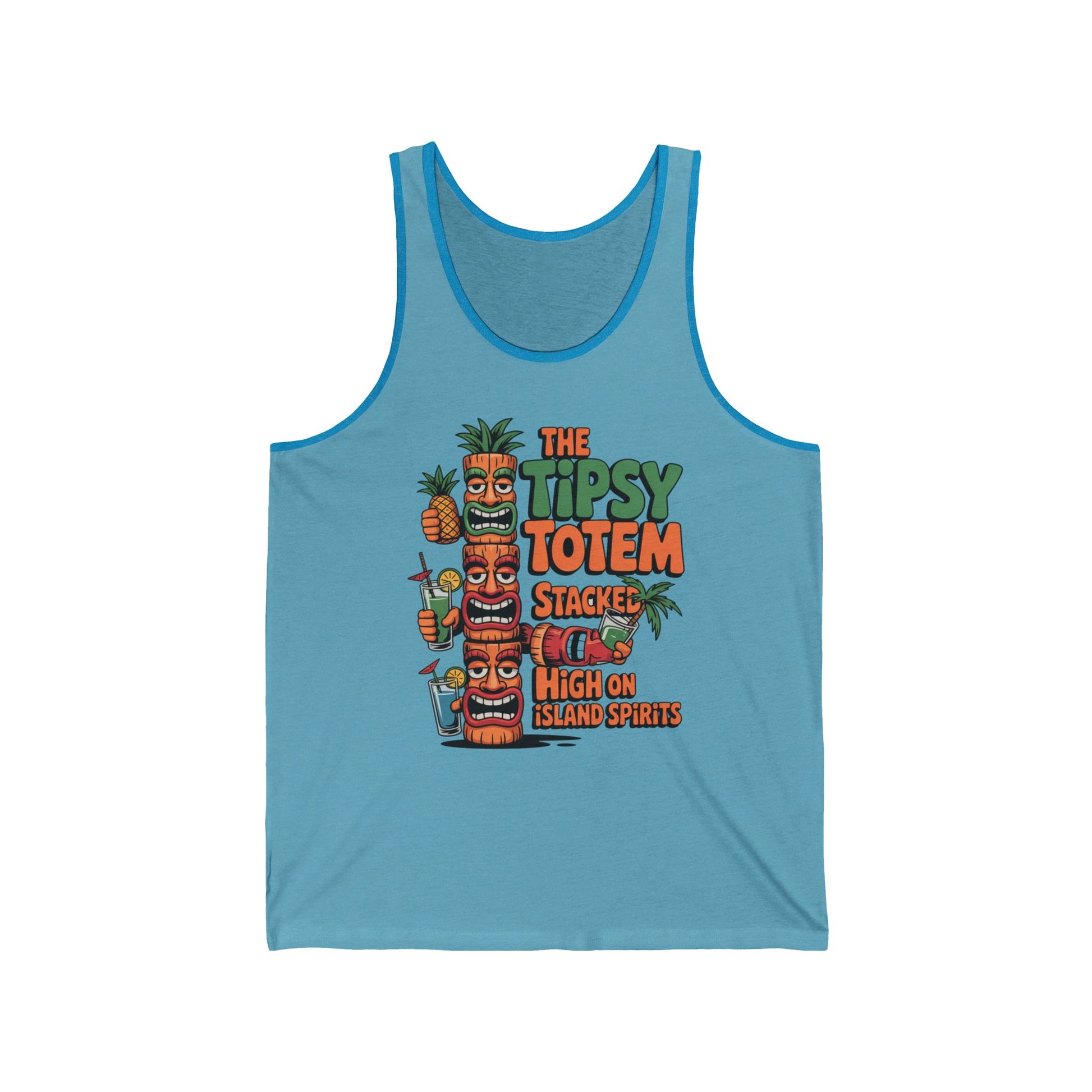 The Tipsy Totem Unisex Jersey Tiki Tank Top – High on Island Spirits features a vibrant design of three tiki totems with drinks, pineapples, and tropical décor. The text reads: Stacked & High on Island Spirits for real island vibes.