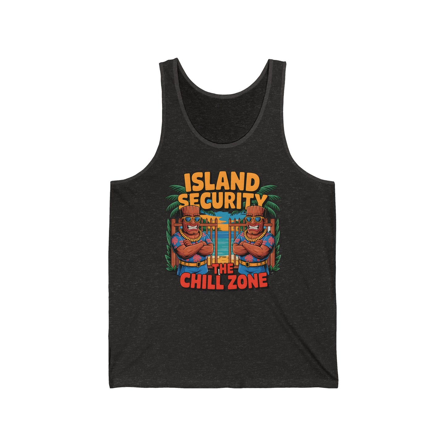 The Island Security Unisex Jersey Tiki Tank Top boasts soft Airlume cotton and a bright Chill Zone bulldog graphic under palm trees, finished with bold yellow and red Island Security The Chill Zone lettering for ultimate summer vibes.