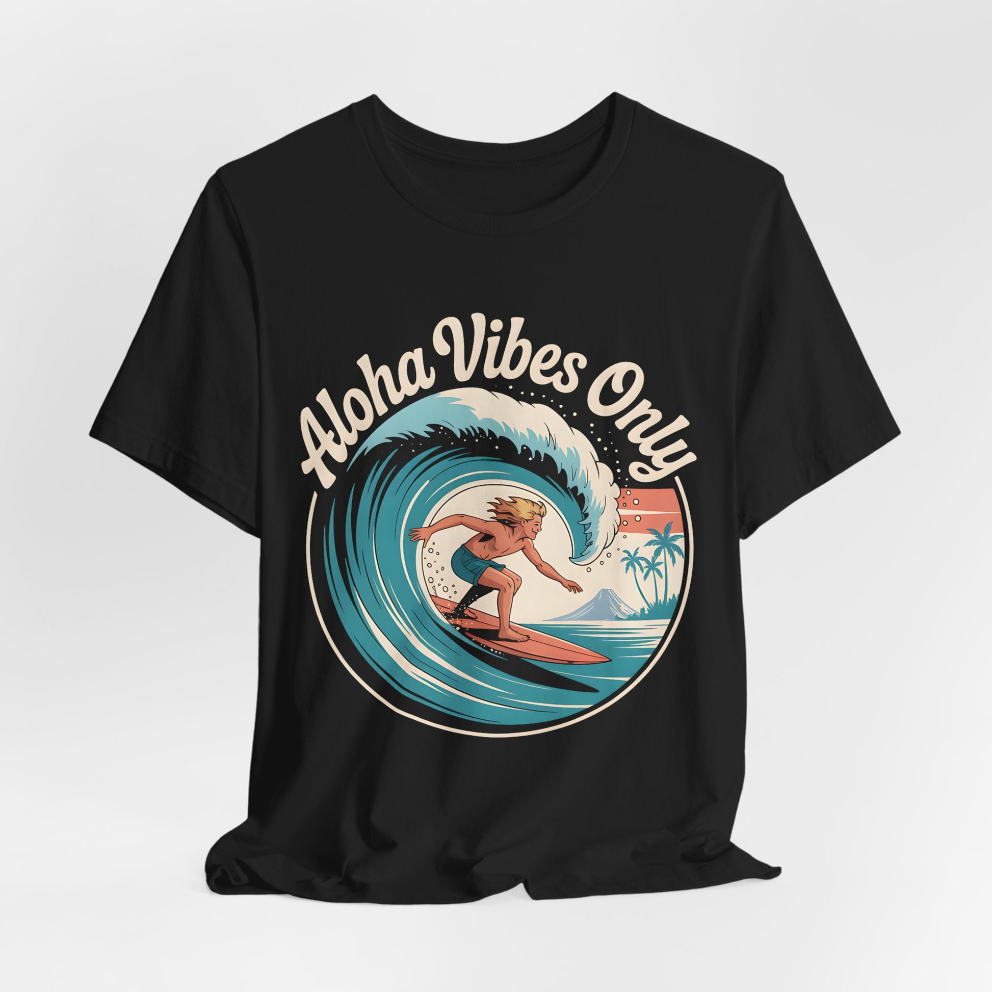 The Aloha Vibes Only Surf T-Shirt is a black unisex jersey with a graphic of a surfer, blue wave, palm trees, and sunset. Features Aloha Vibes Only in retro text—ideal for beach lovers and fans of classic surf style.