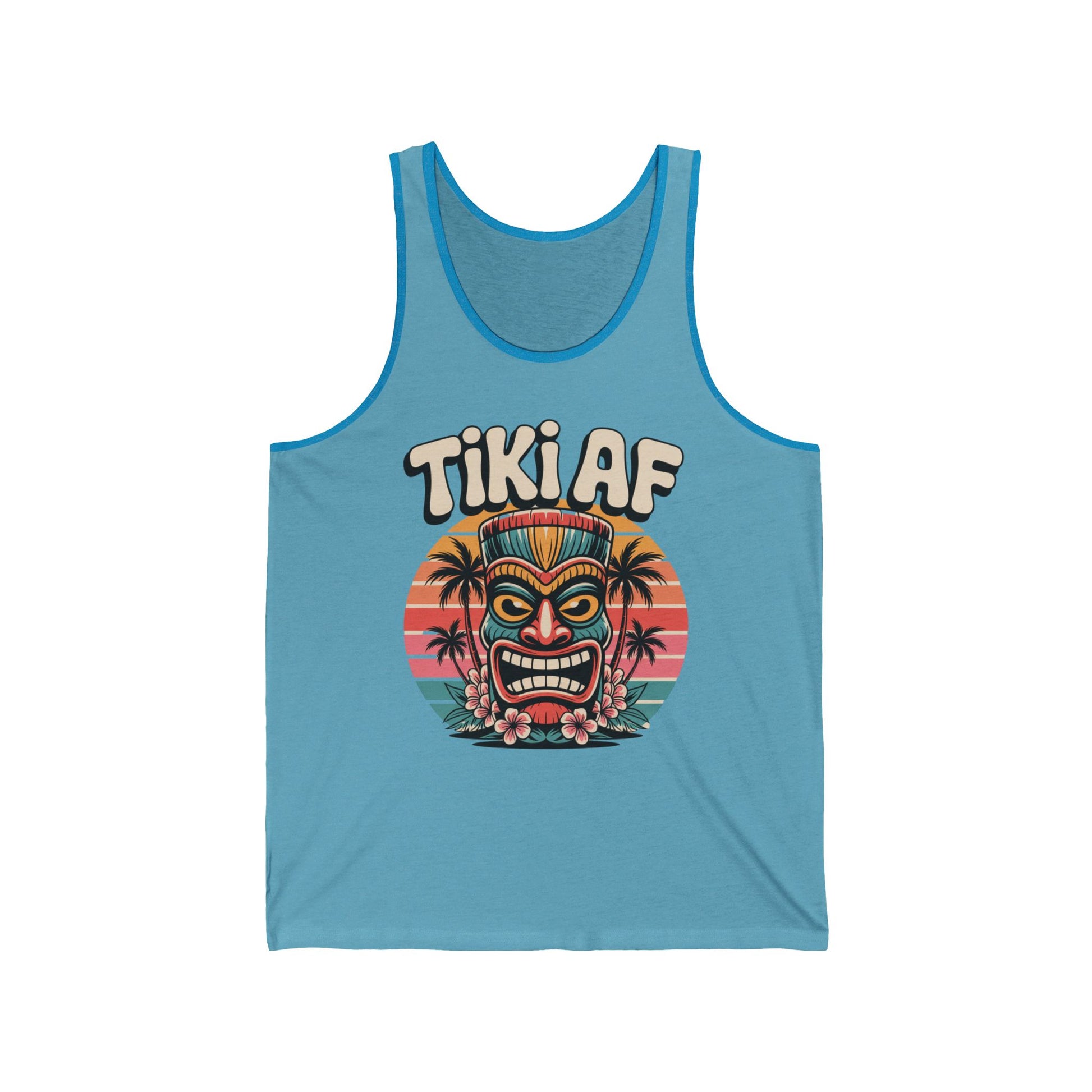 Embrace the tropical lifestyle with the Tiki AF Unisex Jersey Tank Top—featuring a vibrant tiki mask, palm trees, and a sunset background, plus bold TIKI AF lettering for ultimate summer vibes.