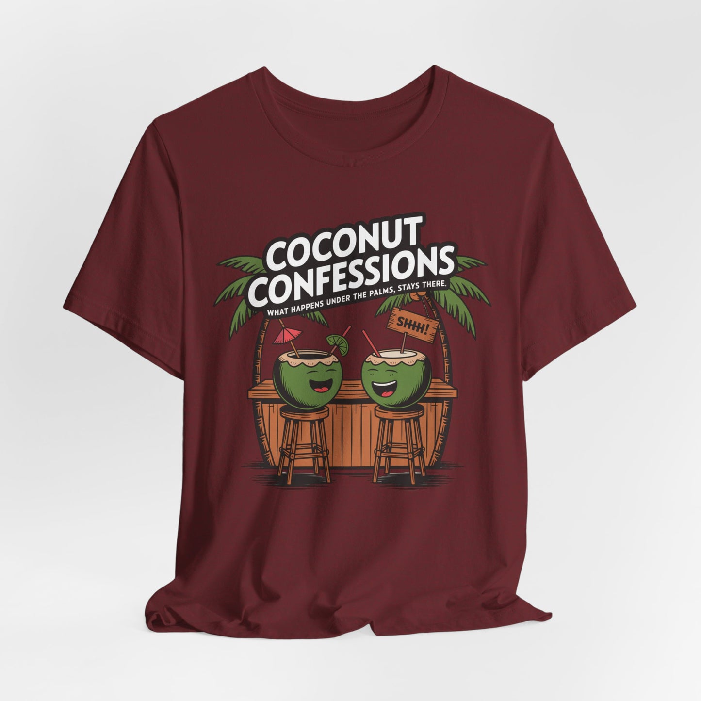 The Coconut Confessions Unisex Tiki T-Shirt - Fun Summer Vibes is made from soft Airlume cotton and features a playful print of two coconuts at a bar under palms, with Coconut Confessions above for laid-back, tropical style.