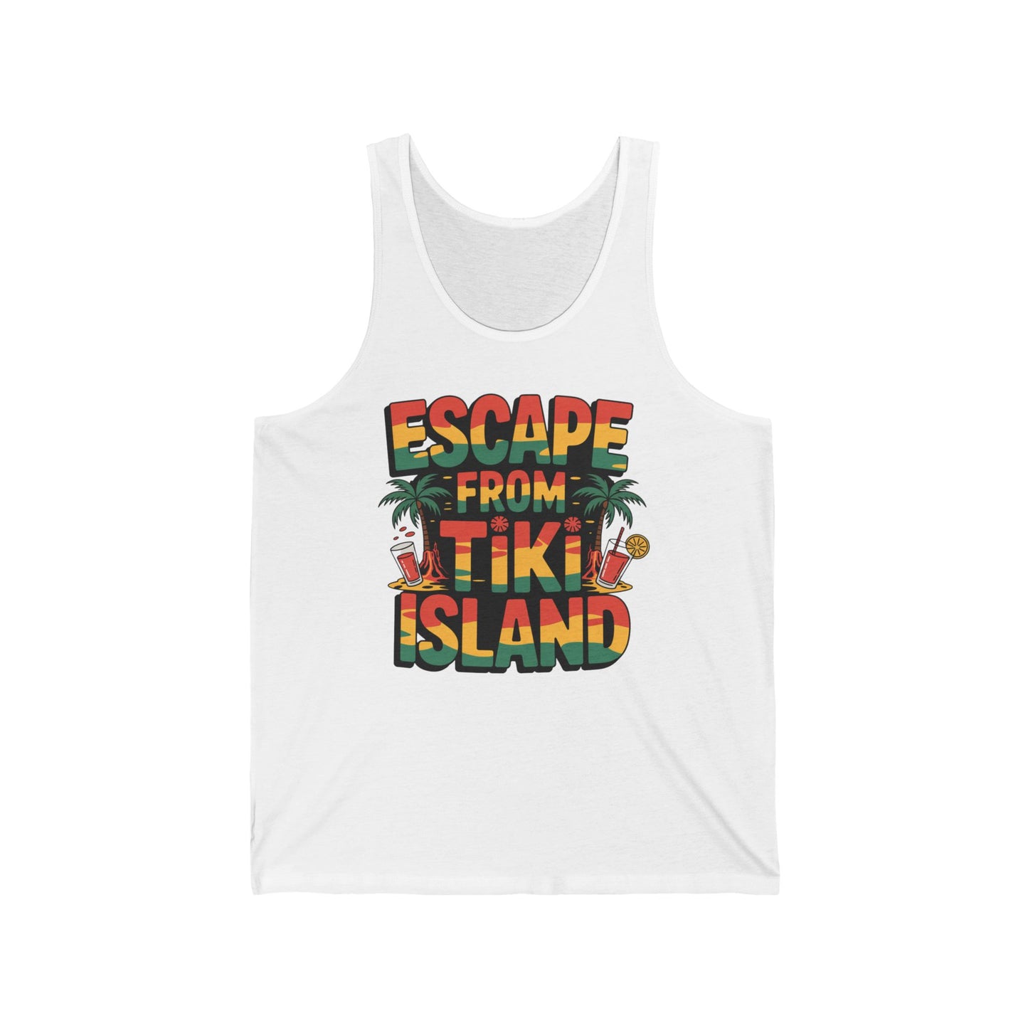 The Escape from Tiki Island Unisex Jersey Tiki Tank Top features colorful text with palm trees, a tiki mask, tropical drink, and pineapple—perfect for summer vibes, beach days, and casual wear.