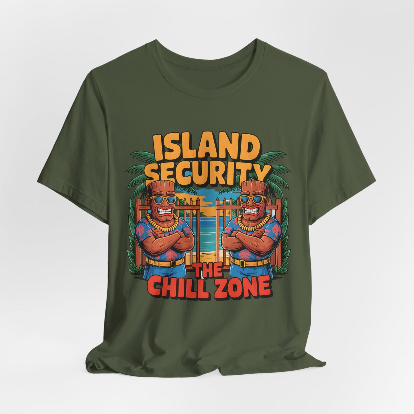 The Chill Zone Island Security Tiki T-Shirt - Unisex Jersey Short Sleeve features two tiki statues in sunglasses and Hawaiian shirts, Island Security The Chill Zone text, and palms—ideal for casual beachwear and tropical vibes.