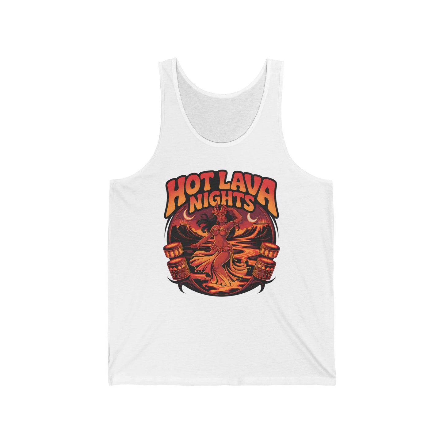 The Hot Lava Nights Unisex Jersey Tiki Tank Top features a fiery dancing woman and volcano drums graphic with bold orange and red “HOT LAVA NIGHTS” text. Crafted from lightweight fabric for cool, breathable summer vibes.