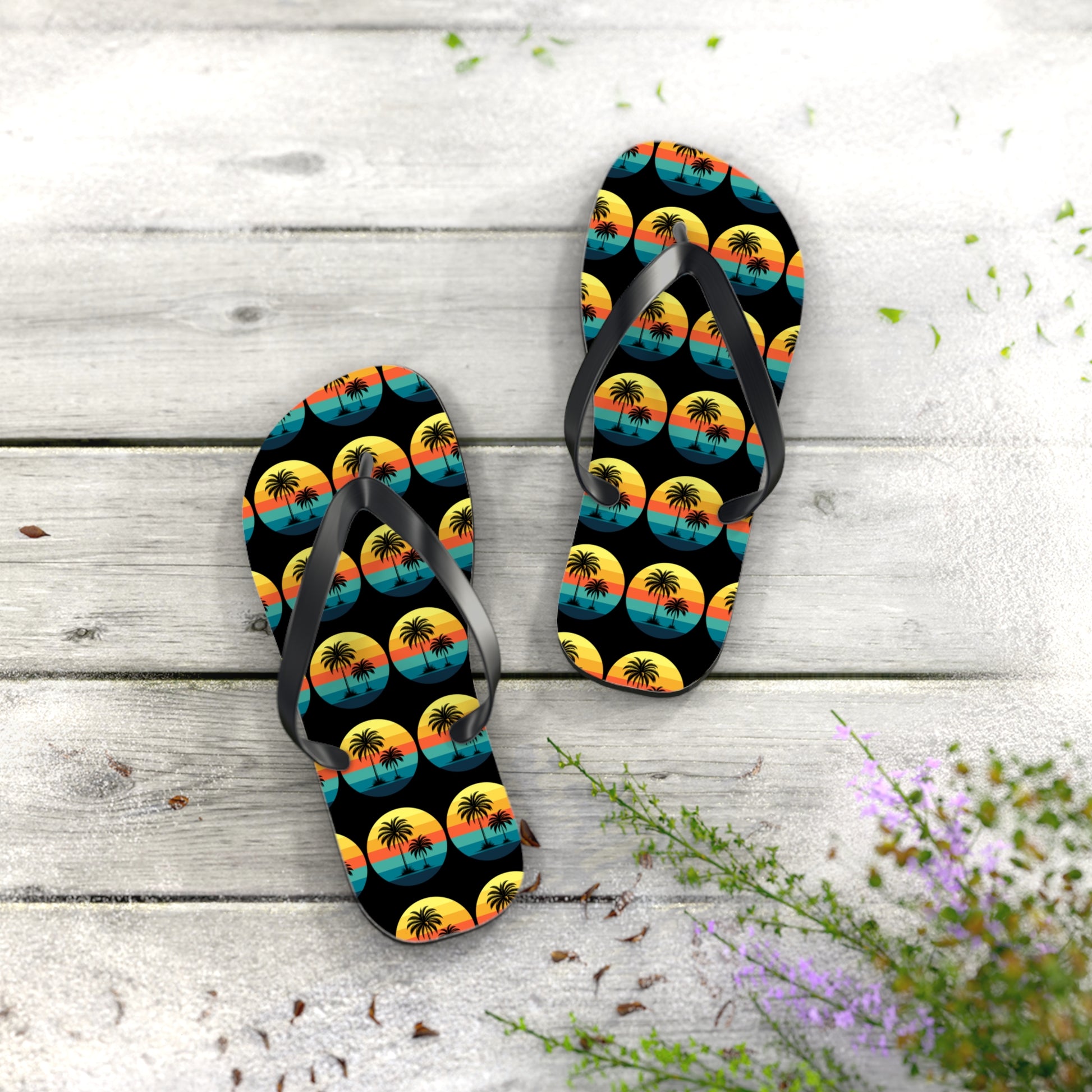 The Tropical Sunset Flip Flops - Summer Vibes with Palm Trees feature a vibrant sunset and palm tree design, resting on weathered wood, perfect for beach lovers. Scattered leaves and purple flowers accent the scene.