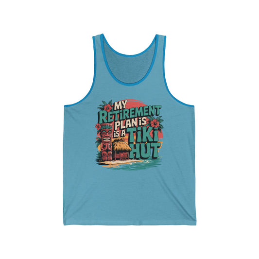 The Tiki Hut Retirement Tank for Beach Lovers features two tiki statues, tropical flowers, a tiki hut, and ocean art with bold My retirement plan is a tiki hut text—perfect for summer vacations and that relaxed vibe.
