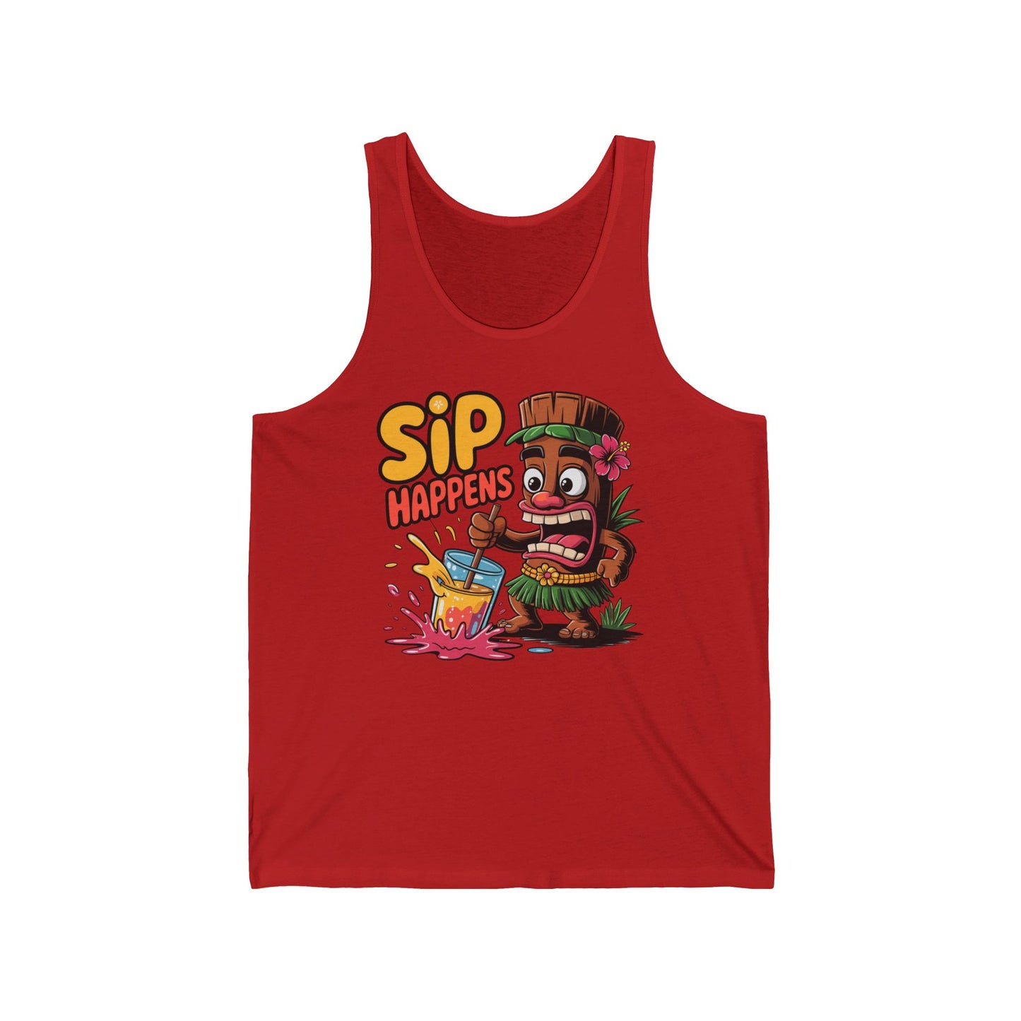 The Sip Happens Unisex Jersey Tiki Tank Top features light fabric and a cartoon tiki character with a flower in its hair spilling a colorful drink, plus bold yellow SIP HAPPENS text—perfect for fun summer vibes and beach parties.