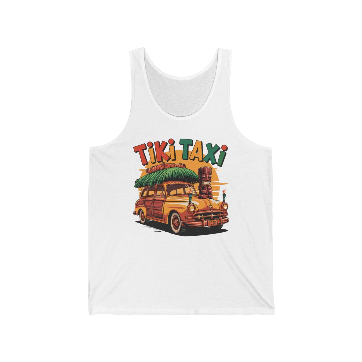 Tiki Taxi Unisex Tiki Tank Top—Retro Beach Vibe Tank featuring a vibrant vintage woody car, tiki statues, and bold “Tiki Taxi” lettering. Perfect casual summer wear for your wardrobe.