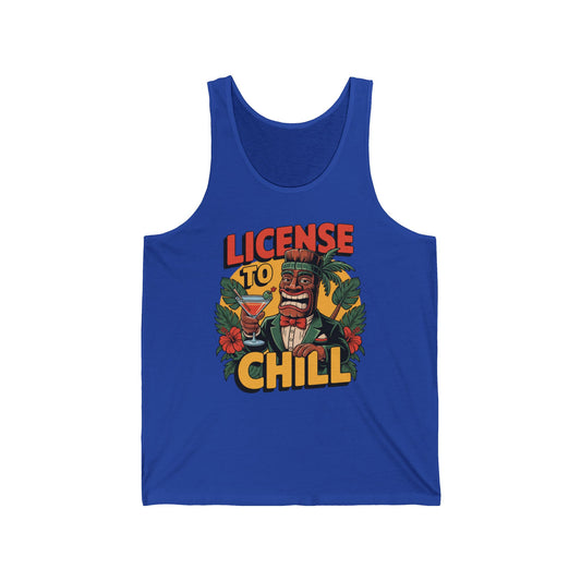 The License to Chill Unisex Jersey Tiki Tank Top features a bold retro LICENSE TO CHILL graphic with tropical leaves, in blue breathable fabric—perfect for summer vibes, festivals, and relaxation.