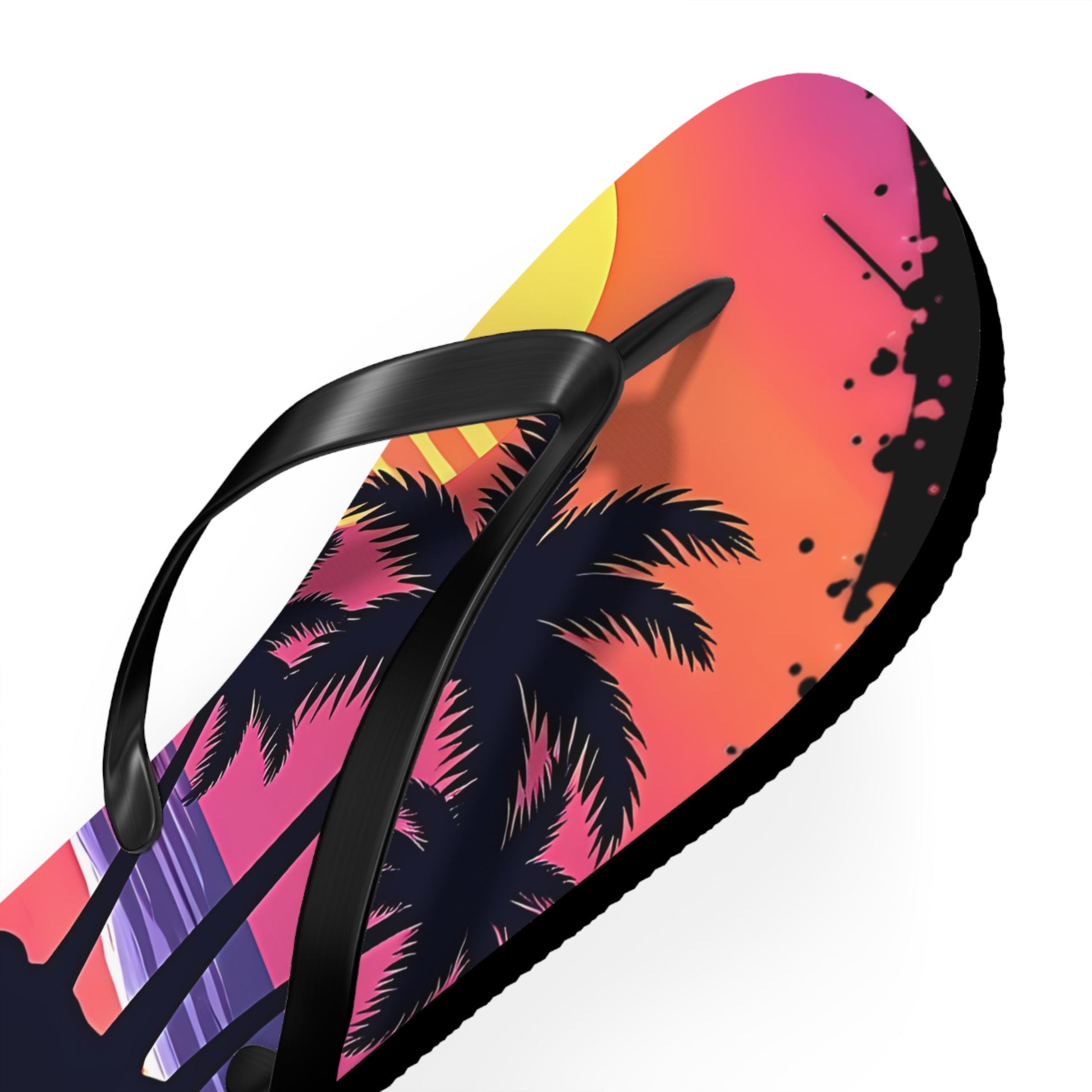 A close-up of Tropical Sunset Flip Flops - Beach Vibes Sandals for Summer Fun, with black straps and a vibrant beach sunset design featuring palm tree and bird silhouettes—ideal summer footwear for beach trips.