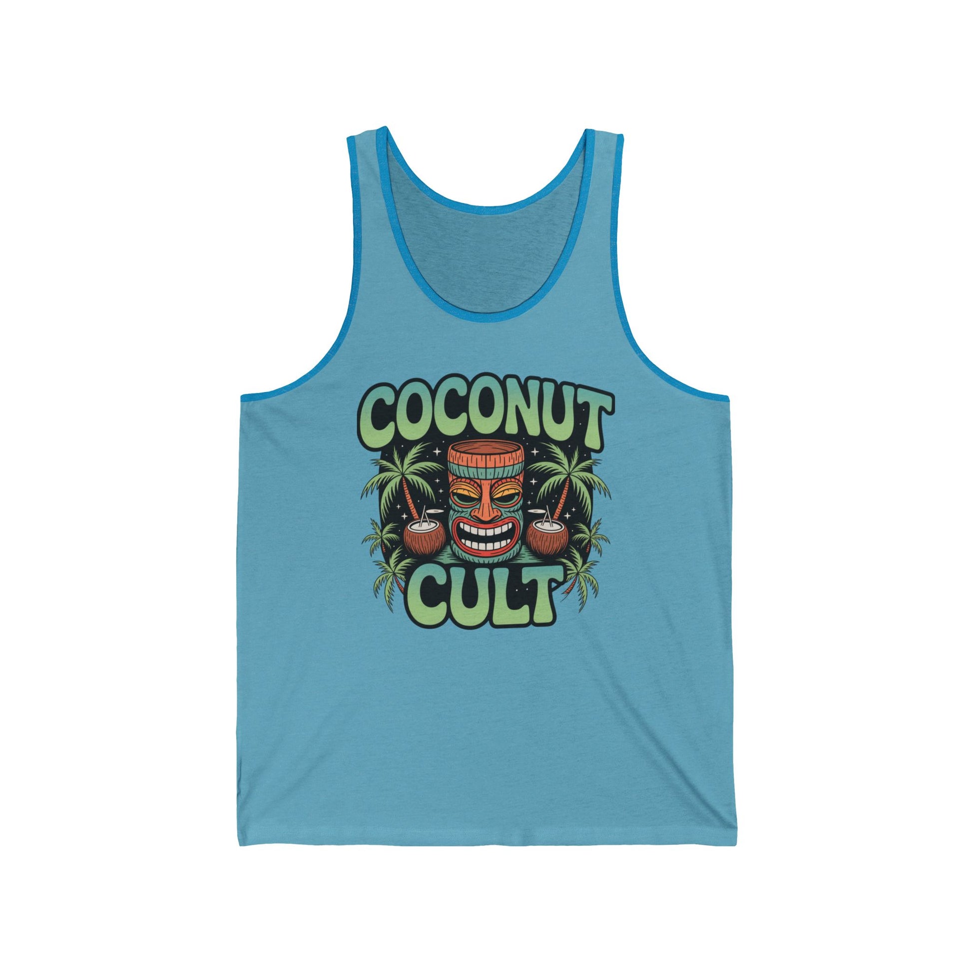 Get in the tropical mood with the Coconut Cult Unisex Jersey Tiki Tank Top—this sleeveless tank features a vibrant tiki face, palm trees, coconuts, and bold Coconut Cult lettering on the front.