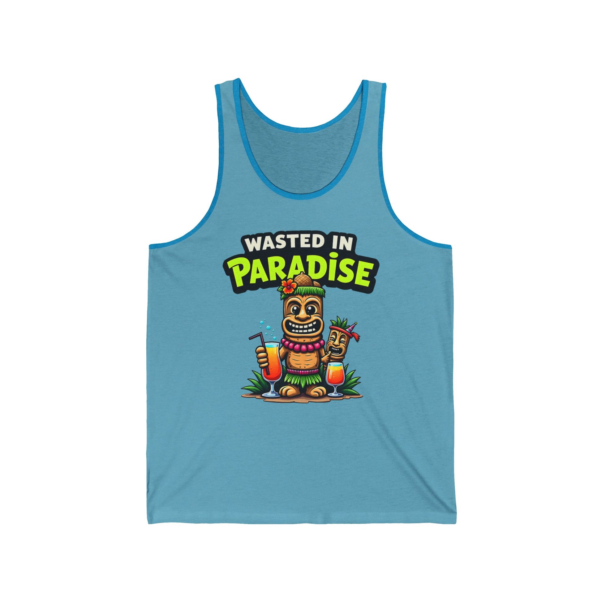 The Wasted in Paradise Unisex Jersey Tiki Tank Top features a cartoon tiki holding a drink and cocktail umbrella with bold, colorful text—perfect for fun summer beach days and party vibes.