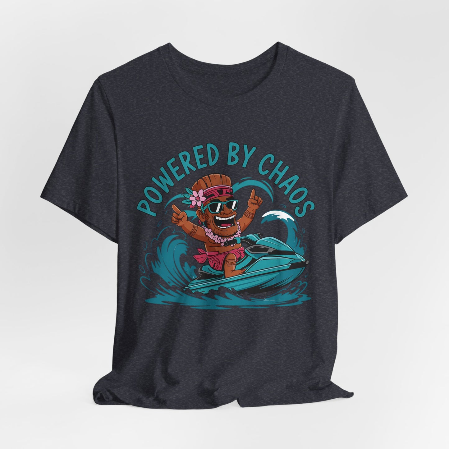 The Powered by Chaos Unisex Jersey Tiki T-Shirt is a fun summer tee featuring a cheerful cartoon character with sunglasses and a hat on a jet ski, vibrant waves, and POWERED BY CHAOS text. Made from breathable cotton for comfort.
