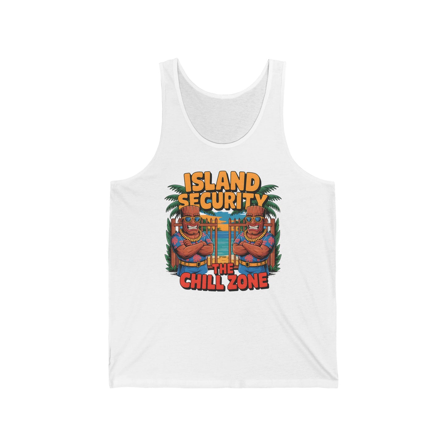 Stay cool this summer in the Island Security Unisex Jersey Tiki Tank Top—made from soft Airlume cotton, featuring colorful cartoon crabs with sunglasses, palm trees, and bold The Chill Zone graphics for ultimate tropical vibes.