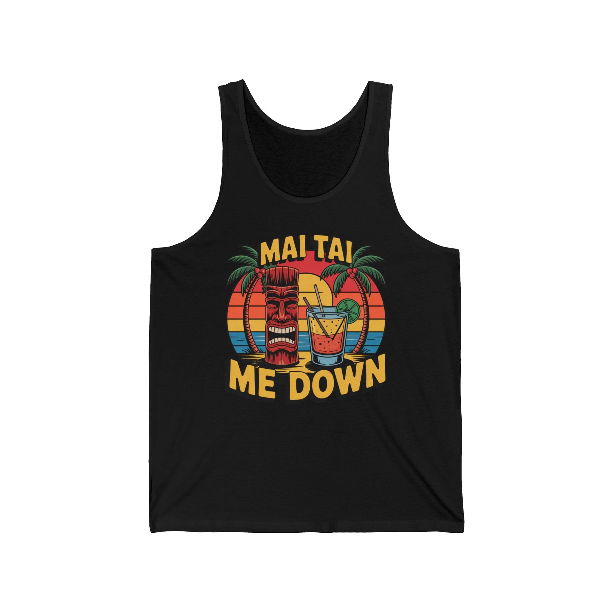 The Tropical Mai Tai Tank features a vibrant tiki head, tropical drink, palm trees, and sunset. Bold yellow MAI TAI ME DOWN text makes it perfect for summer parties and relaxed beach days.