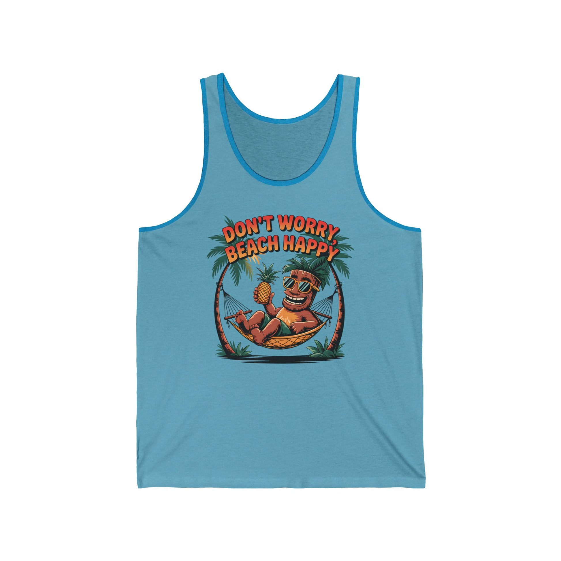 The Beach Vibes Unisex Jersey Tiki Tank Top—Dont Worry Beach Happy—features a cartoon crab lounging in a hammock with sunglasses and a drink, among palm trees. Lightweight and perfect for summer adventures.