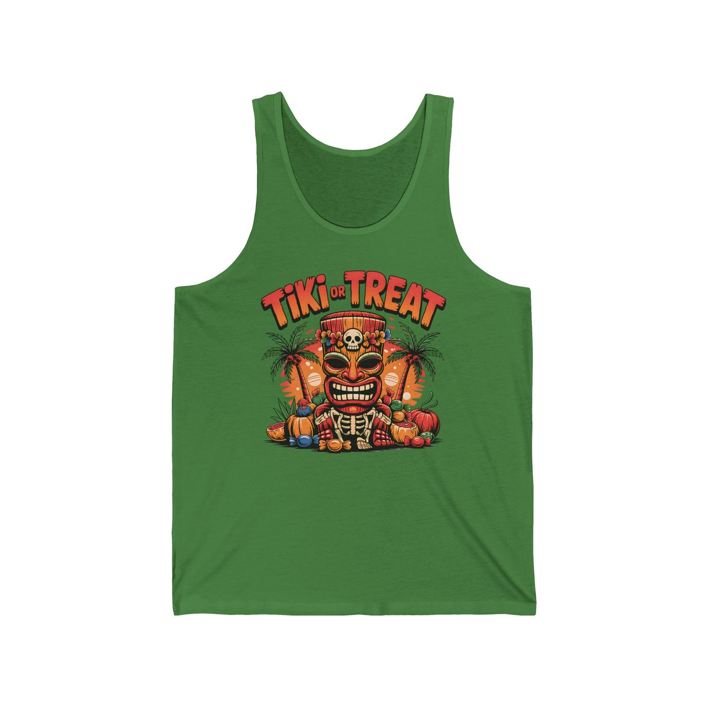 The Tiki Treat Unisex Jersey Tiki Tank Top features a colorful Halloween design with tiki statue, pumpkins, skulls, bones, palm trees, and bold “Tiki or Treat” text—perfect for parties and summer celebrations.