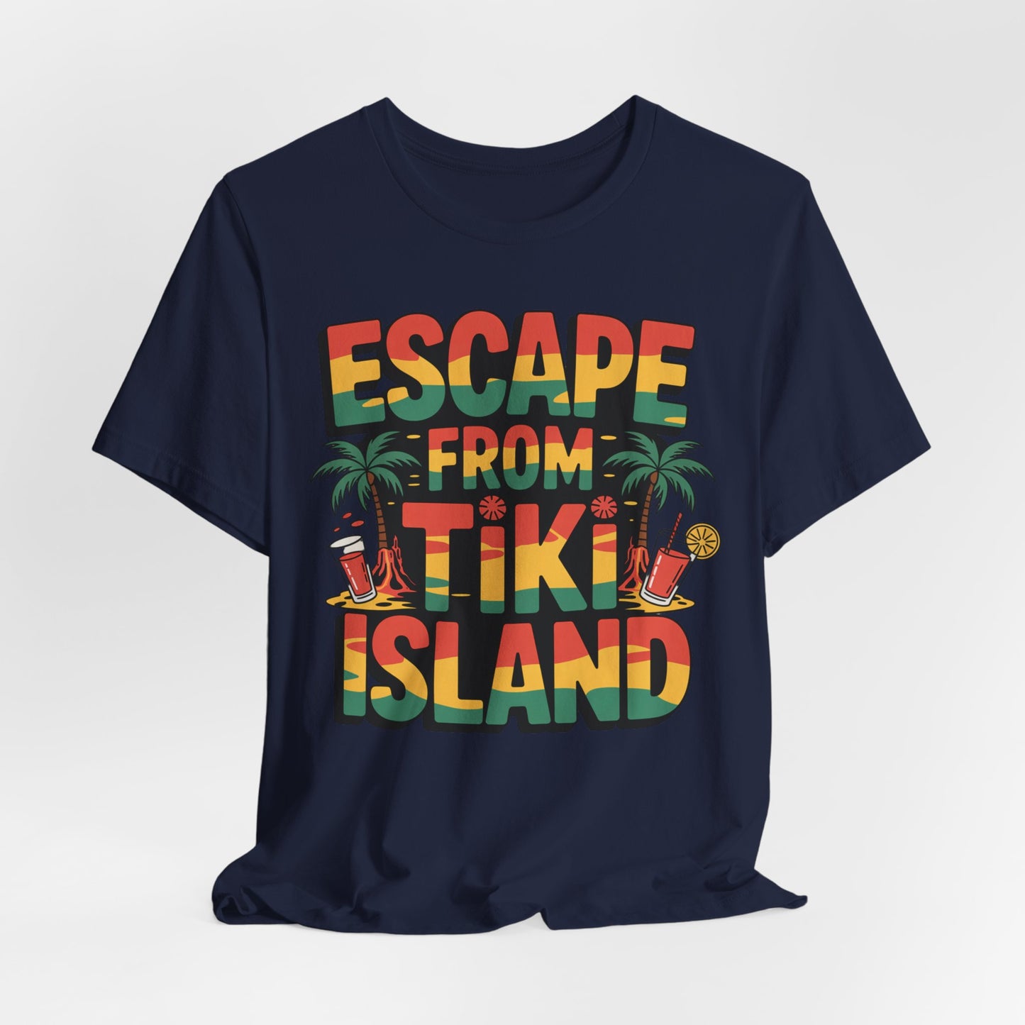 The Escape from Tiki Island Tiki T-Shirt is a navy blue unisex jersey tee featuring colorful text, palm trees, tropical drinks, and orange slices—ideal for summer adventures and anyone who loves island getaways.