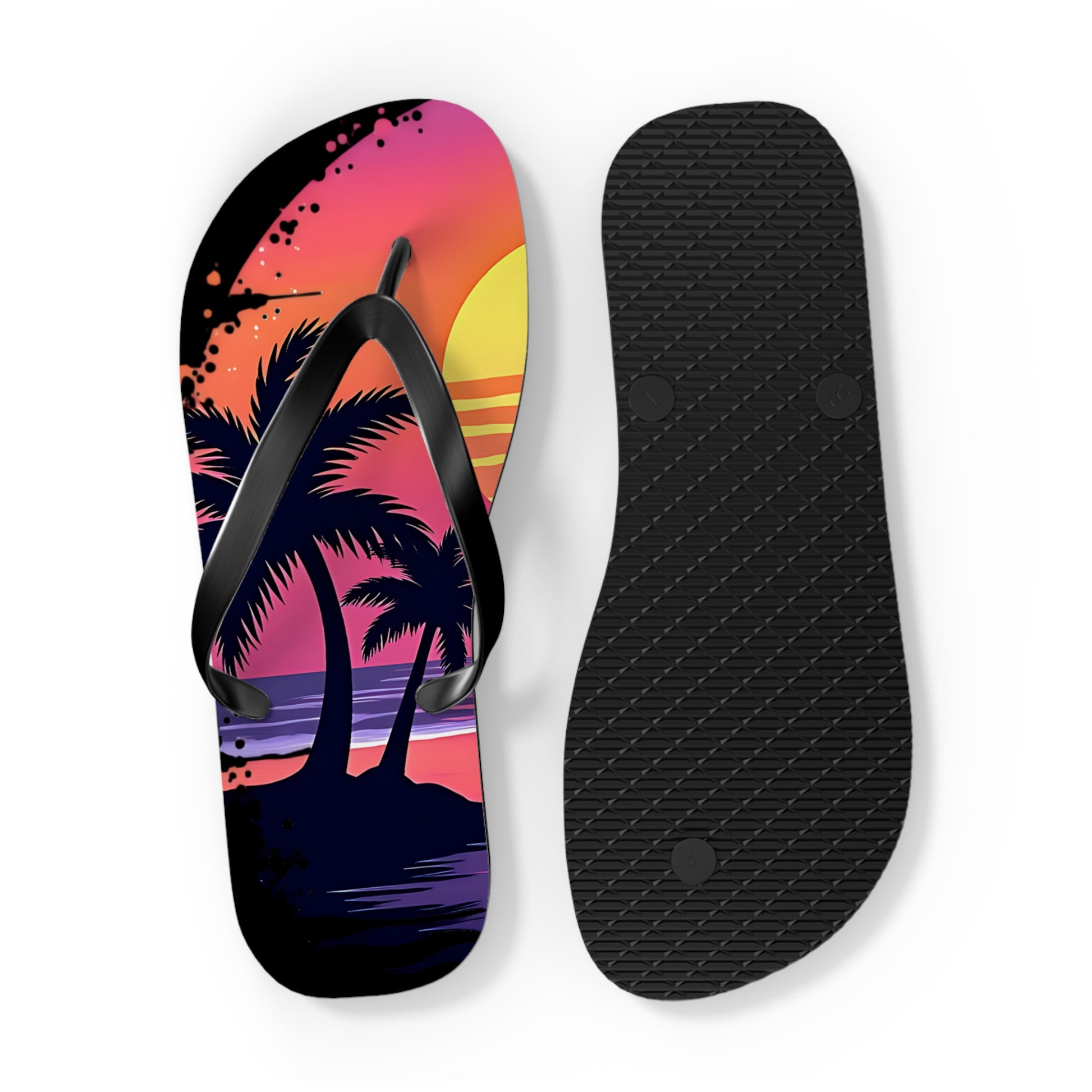 Tropical Sunset Flip Flops - Beach Vibes Sandals for Summer Fun: one sandal features a vibrant tropical beach sunset with palm trees, while the other displays a classic black textured sole—perfect footwear for summer adventures.