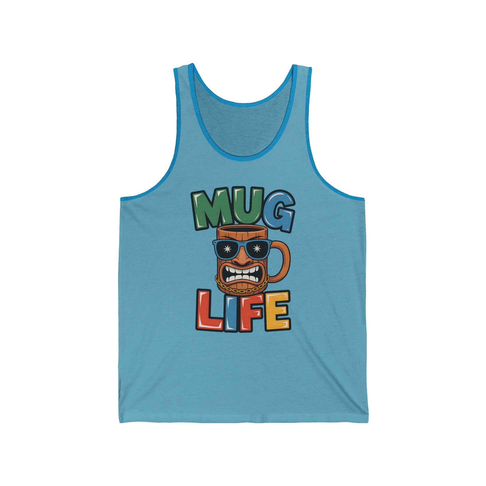 The Mug Life Unisex Jersey Tank—fun summer apparel for tiki lovers—features a cartoon mug with sunglasses and a big grin, plus bold, colorful MUG LIFE lettering above and below the design on light blue fabric.